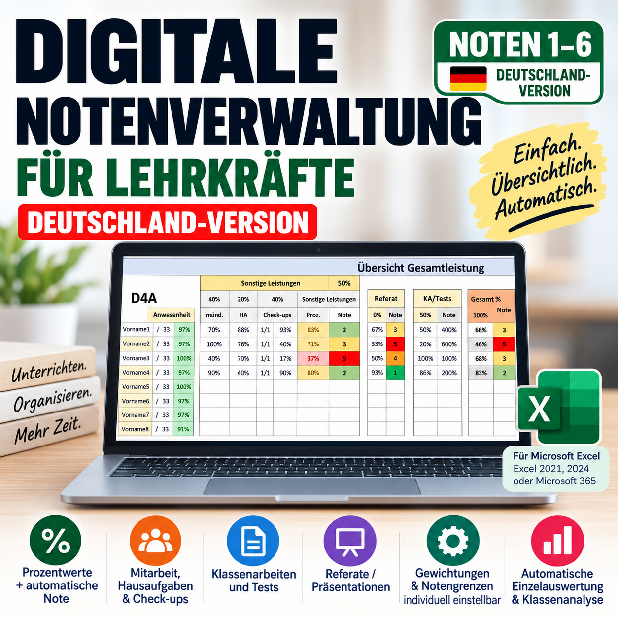 Digitale Notenverwaltung für Lehrkräfte mit Excel – Deutschland-Version