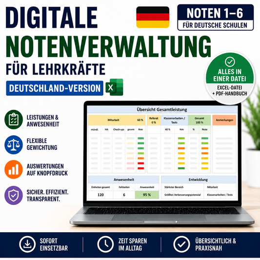 Digitale Notenverwaltung für Lehrkräfte mit Excel – Deutschland-Version