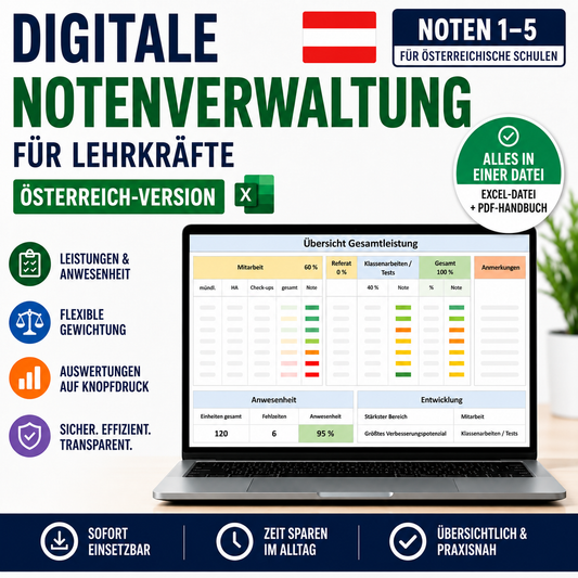 Notenverwaltung Excel für Lehrkräfte – Österreich-Version mit Auswertungen & Handbuch