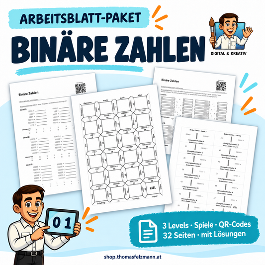 Binäre Zahlen Arbeitsblatt Paket (PDF) mit 3 Levels, Spielen, QR Codes und Lösungen | 32 Seiten