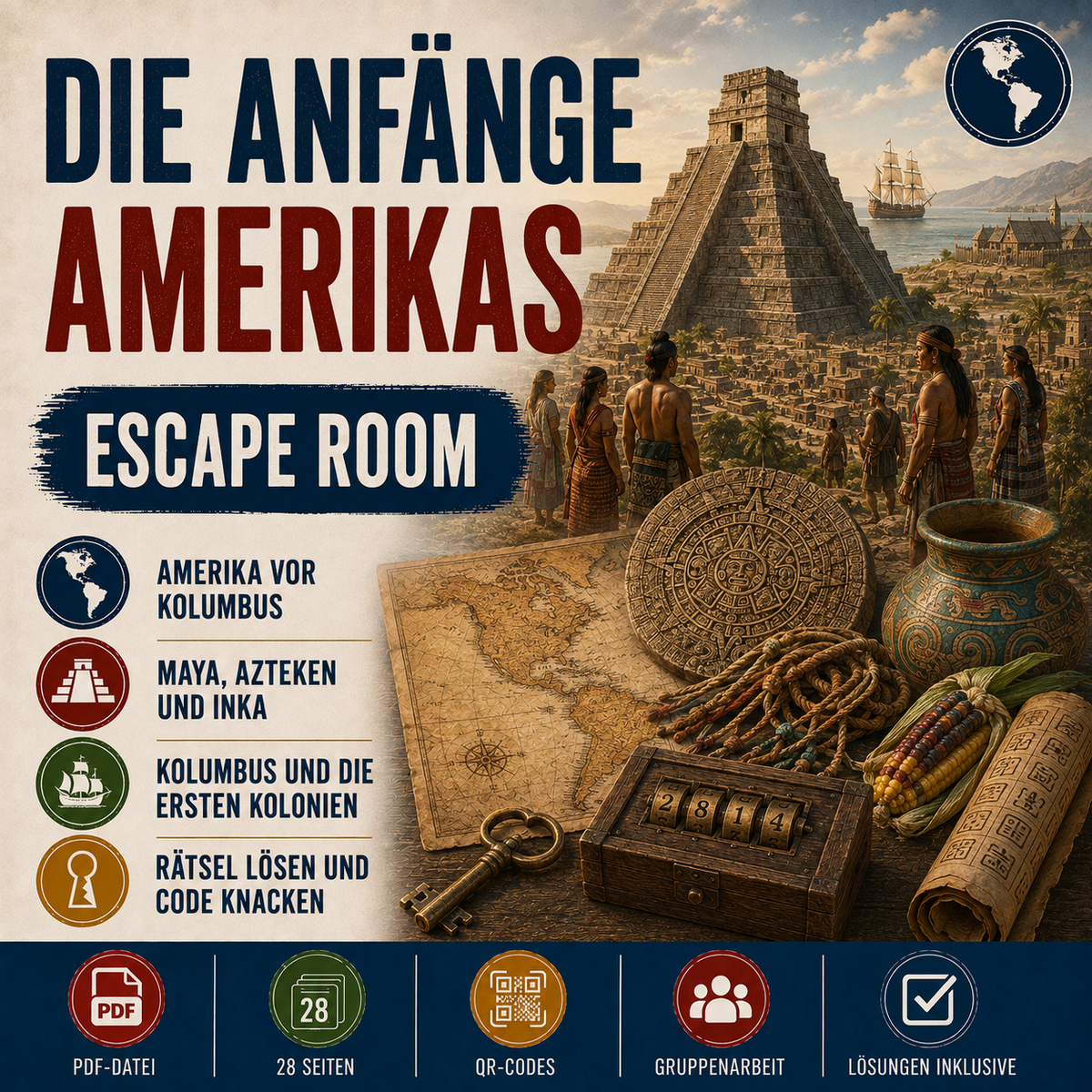 Escape Room: Die Anfänge Amerikas Arbeitsheft (28 Seiten) | Kolumbus, Maya, Azteken & Kolonien | inkl. Lösungen | PDF