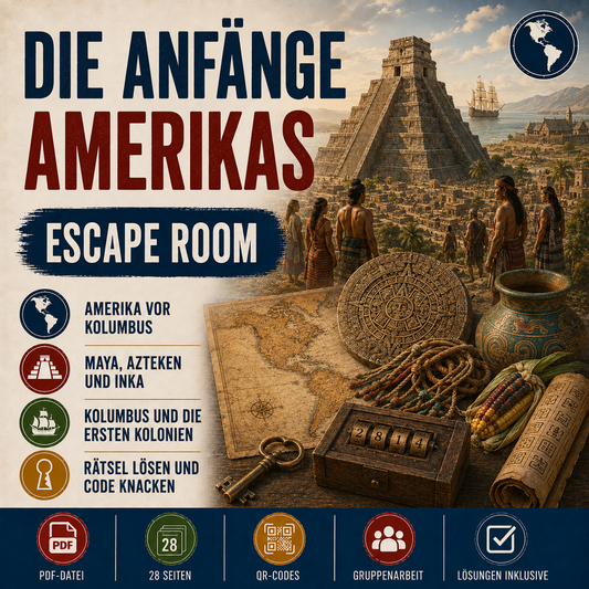 Escape Room: Die Anfänge Amerikas Arbeitsheft (28 Seiten) | Kolumbus, Maya, Azteken & Kolonien | inkl. Lösungen | PDF