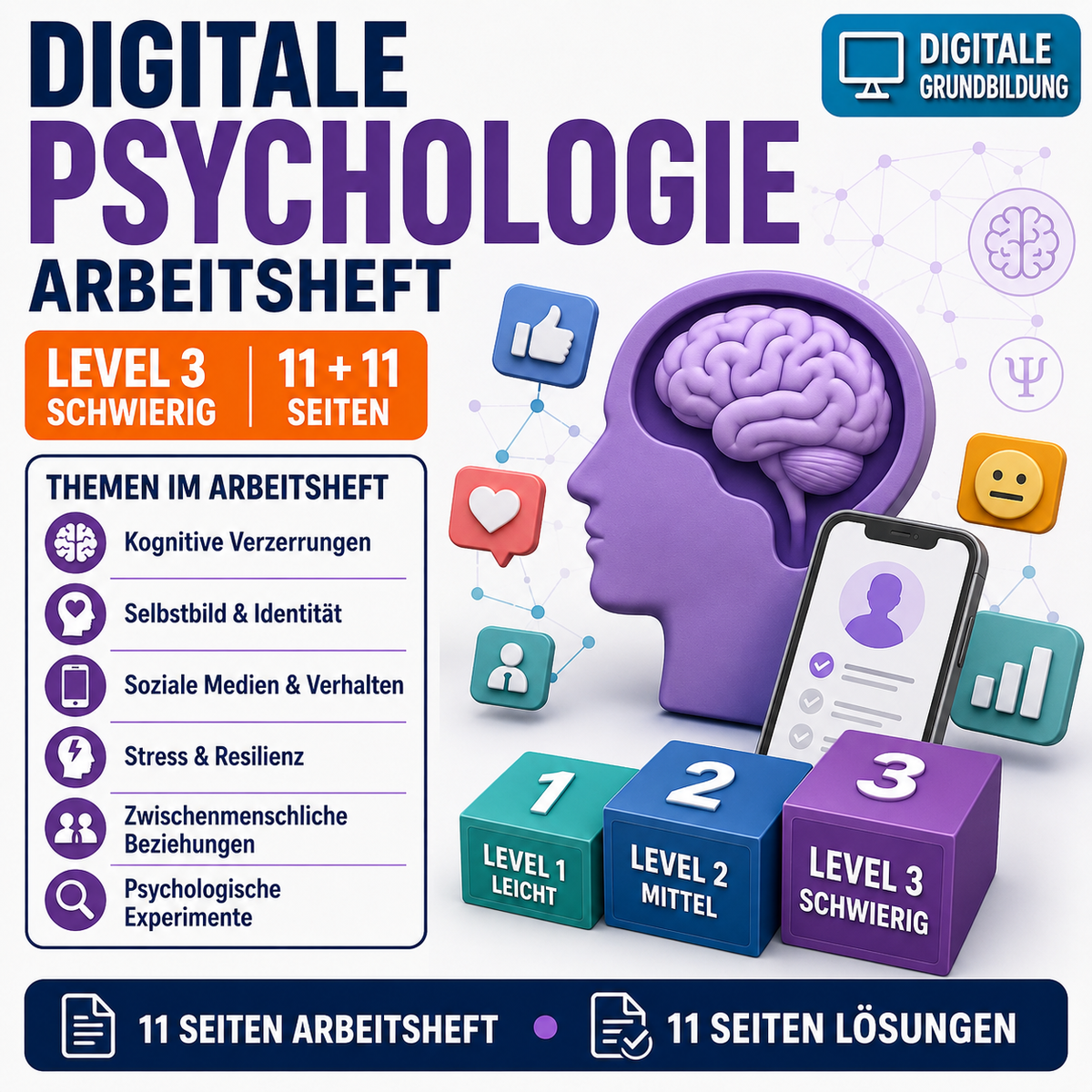 Digitale Psychologie Arbeitsheft Level 3 (schwierig), 11 Seiten plus 11 Seiten Lösungen, PDF