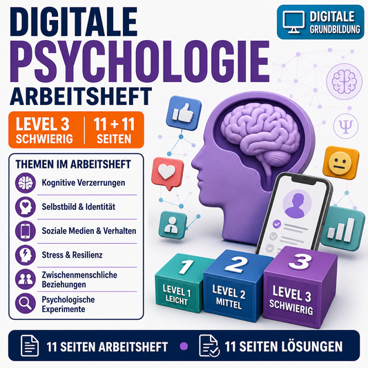 Digitale Psychologie Arbeitsheft Level 3 (schwierig), 11 Seiten plus 11 Seiten Lösungen, PDF