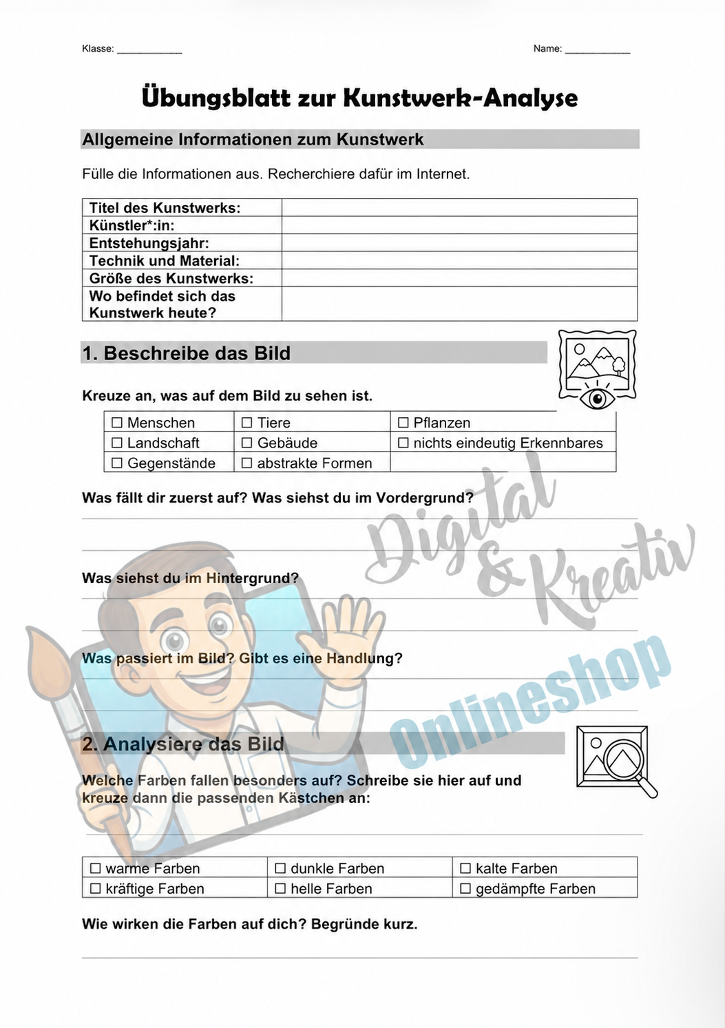 Kunstwerk-Analyse einfach erklärt | Infoblatt und Arbeitsblatt zur Bildanalyse | 4 Seiten