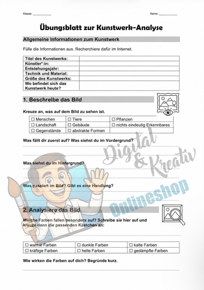Kunstwerk-Analyse einfach erklärt | Infoblatt und Arbeitsblatt zur Bildanalyse | 4 Seiten