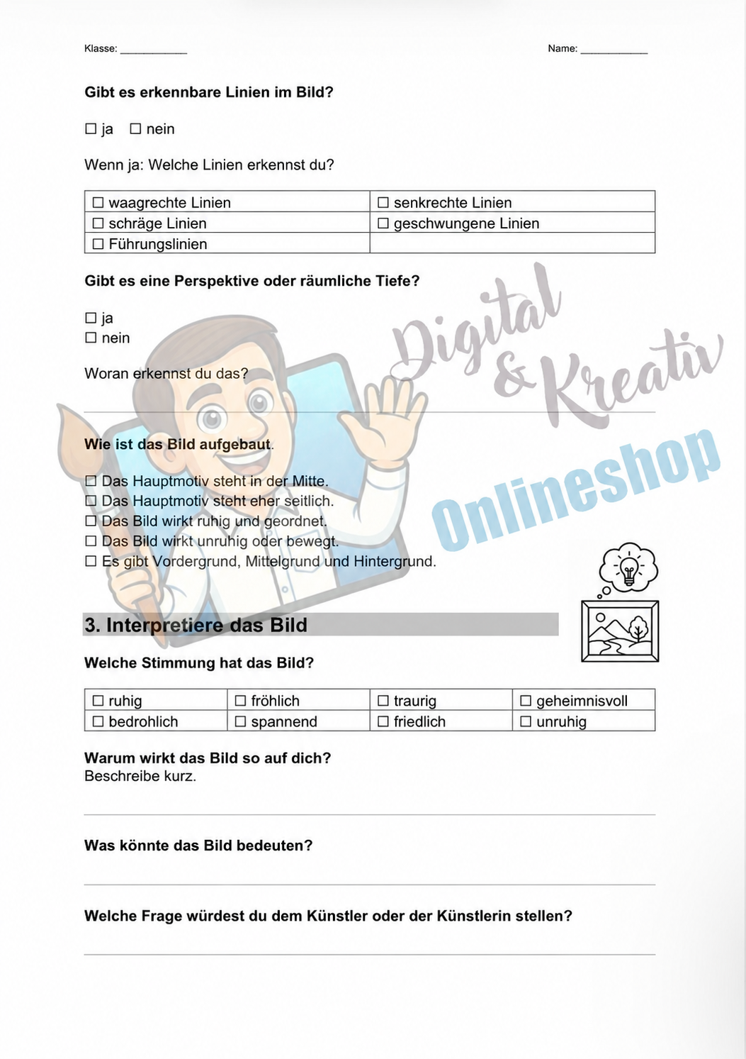 Kunstwerk-Analyse einfach erklärt | Infoblatt und Arbeitsblatt zur Bildanalyse | 4 Seiten