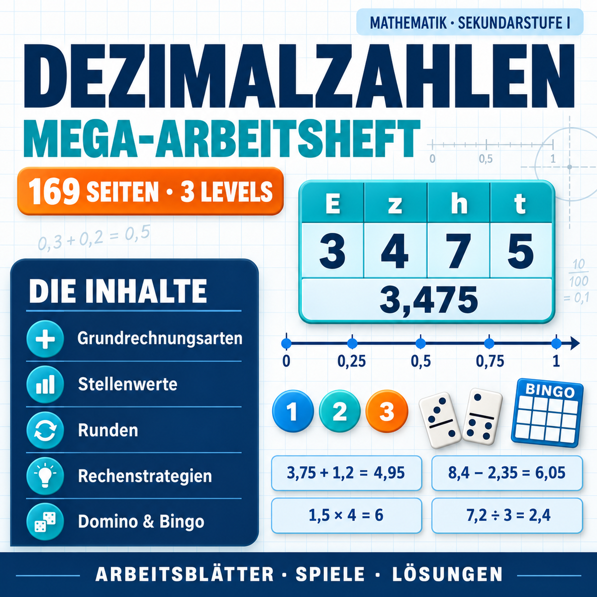 Dezimalzahlen Mega Arbeitsheft (169 Seiten) | Arbeitsblätter und Spiele inkl. Lösungen | PDF