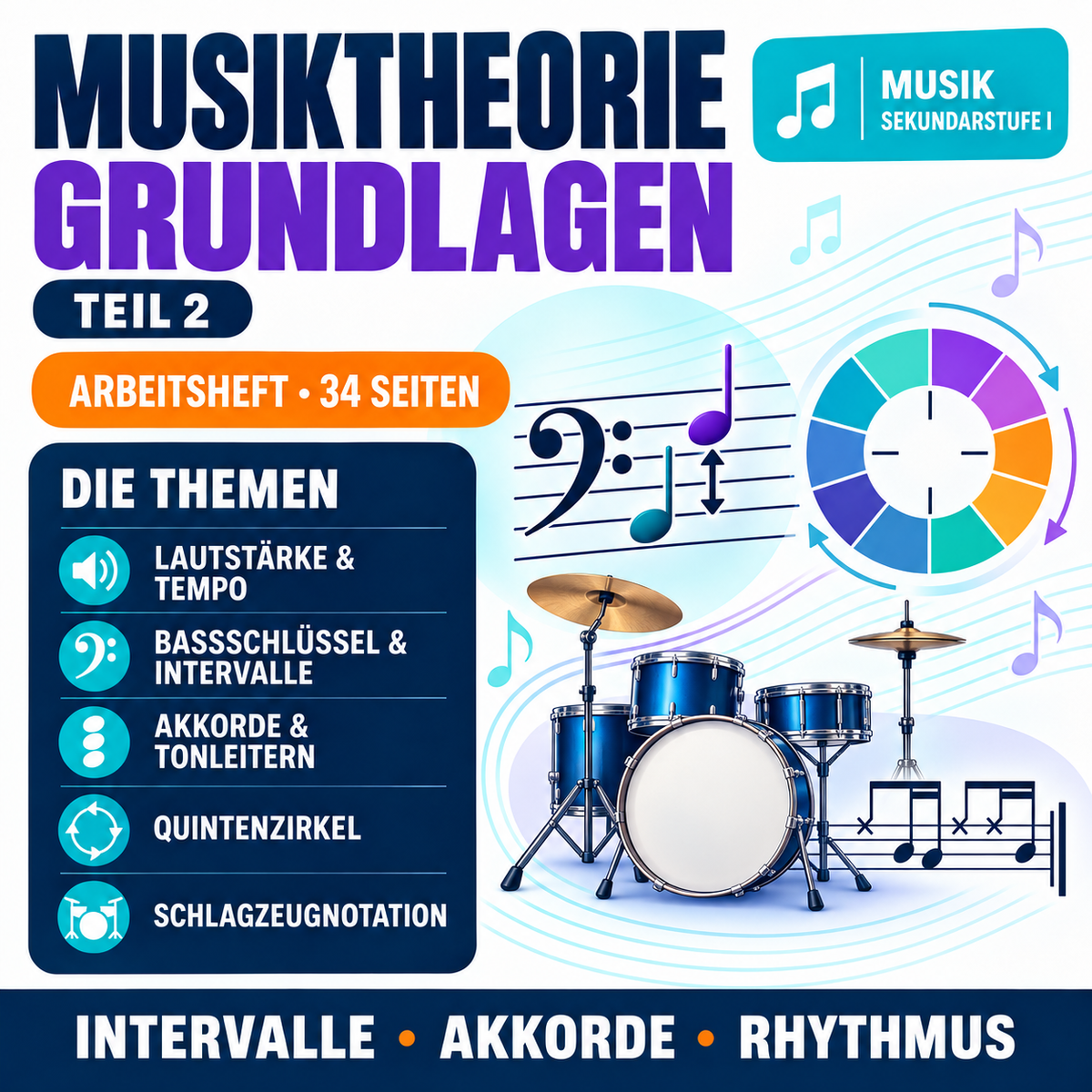 Musiktheorie Grundlagen – Teil 2 | 34-seitiges Arbeitsheft zu Intervallen, Akkorden & Schlagzeug (PDF)