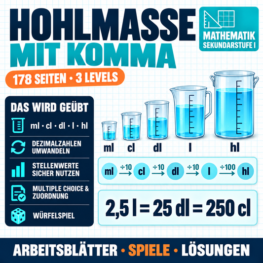 Hohlmaße mit Komma (ml, cl, dl, l, hl) | Arbeitsheft (178 Seiten inkl. Lösungen)