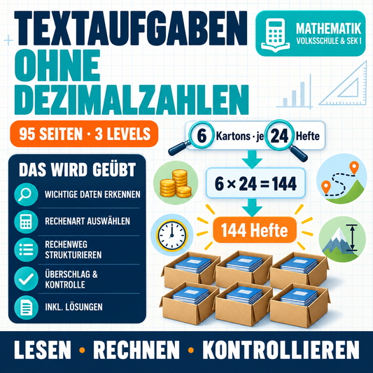 Textaufgaben ohne Dezimalzahlen | Sammlung (95 Seiten inkl. Lösungen)