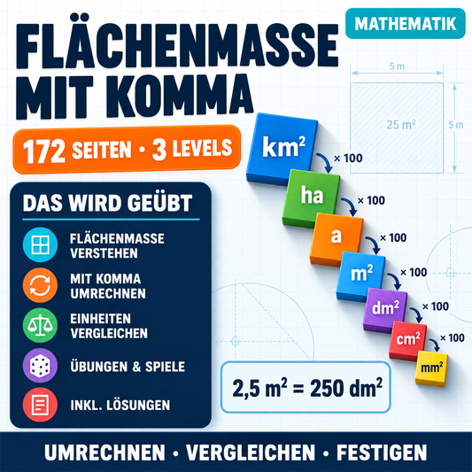 Flächenmaße mit Komma (mm², cm², dm², m², a, ha, km²) | Arbeitsheft (172 Seiten inkl. Lösungen)