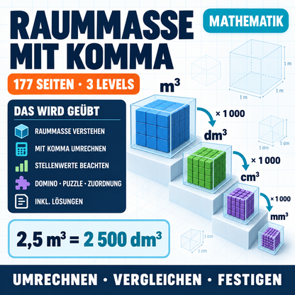 Raummaße mit Komma (mm³, cm³, dm³, m³) | Arbeitsheft (177 Seiten inkl. Lösungen)