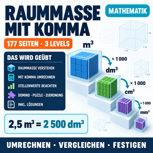 Raummaße mit Komma (mm³, cm³, dm³, m³) | Arbeitsheft (177 Seiten inkl. Lösungen)