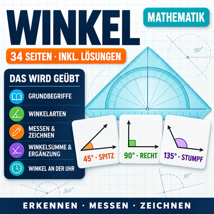 Winkel Arbeitsheft (34 Seiten) | Arbeitsblätter + Lösungen | Messen, Zeichnen, Winkelarten (PDF)