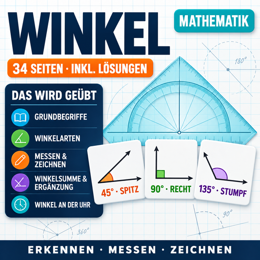 Winkel Arbeitsheft (34 Seiten) | Arbeitsblätter + Lösungen | Messen, Zeichnen, Winkelarten (PDF)