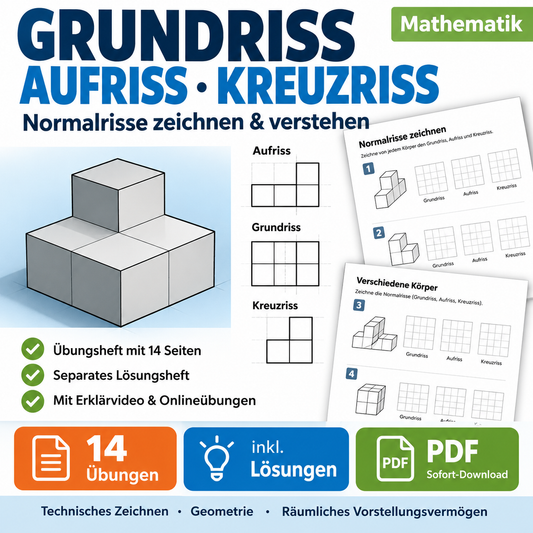 Grundriss Aufriss Kreuzriss Arbeitsheft (14 Seiten) | Normalrisse üben | PDF