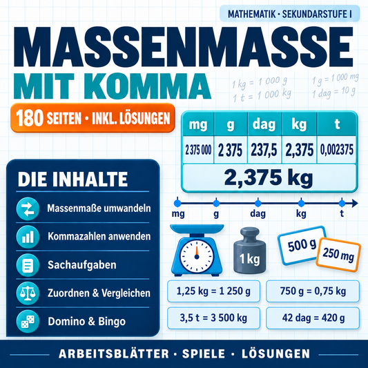Massenmaße mit Komma (mg, g, dag, kg, t) | Arbeitsheft (180 Seiten inkl. Lösungen)