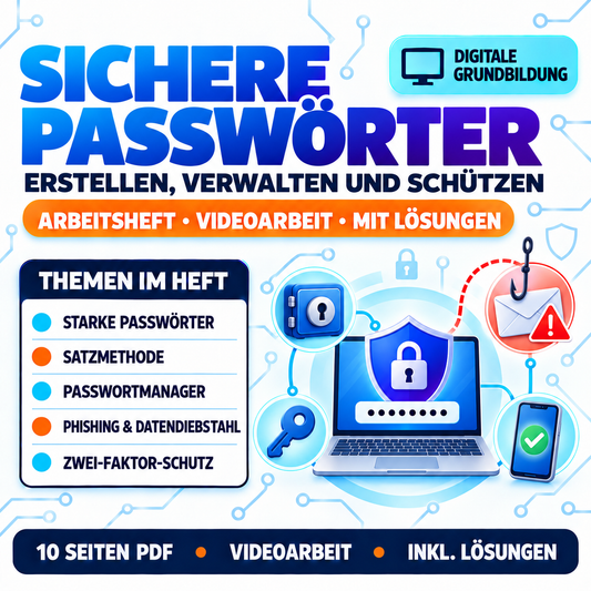 Erstellung und Verwaltung sicherer Passwörter Arbeitsheft (10 Seiten) | Videoarbeit + Übungen | inkl. Lösungen | PDF