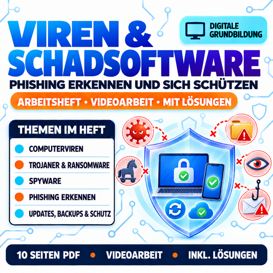 Schutz vor Viren, Schadsoftware und Phishing Arbeitsheft (10 Seiten) | Videoarbeit + Übungen | inkl. Lösungen | PDF