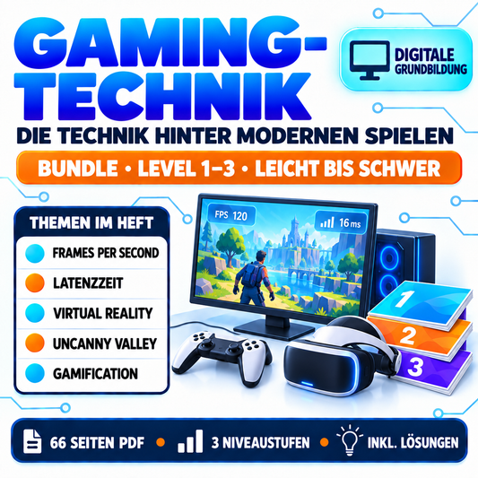 Gaming Technik Arbeitsheft Bundle Level 1 bis 3 | 66 Seiten (33 Arbeitsheft + 33 Lösungen) | PDF