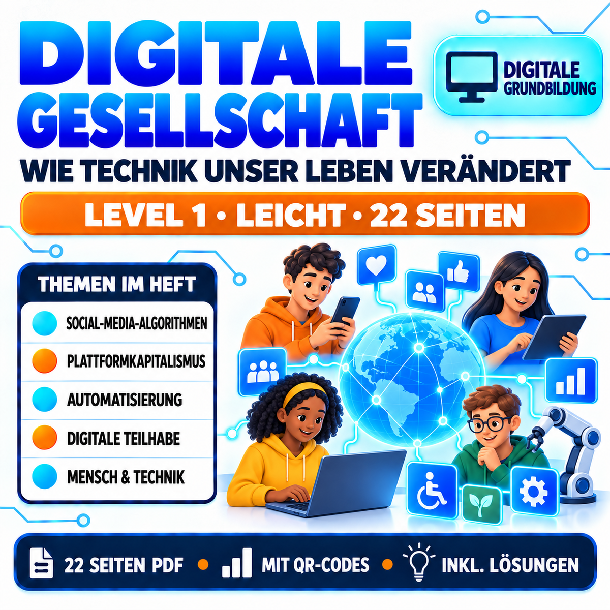 Digitale Gesellschaft Arbeitsheft Level 1 leicht | 22 Seiten | PDF