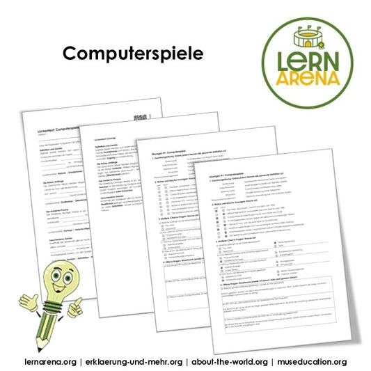 Computerspiele Arbeitsheft, 10 Seiten, mit 3 Lückentexten, Übungen und Lösungen