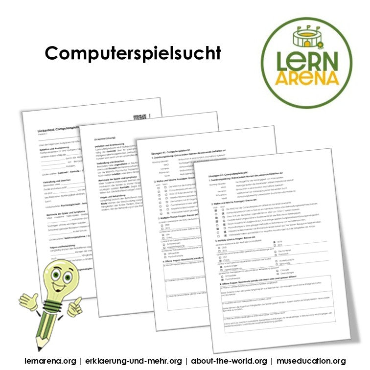 Computerspielsucht Arbeitsheft, 10 Seiten, mit 3 Lückentexten, Übungen und Lösungen