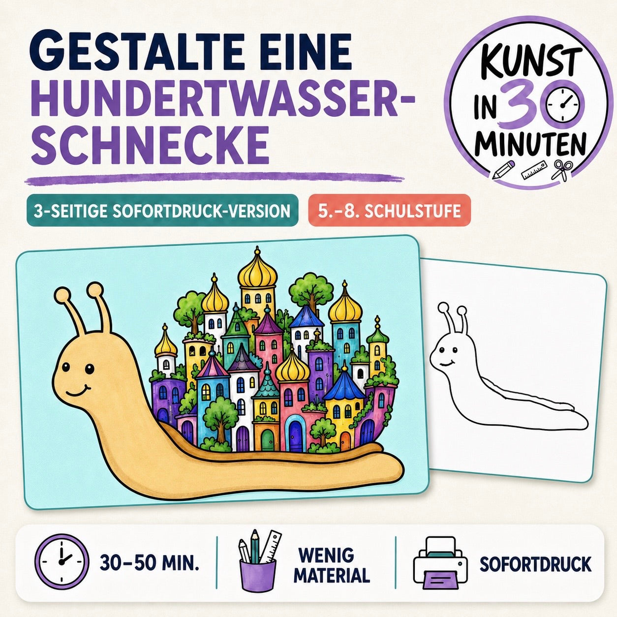 Hundertwasser-Schnecke – Kunst in 30 Minuten | Kreative Sofortdruck-Vorlage für Klasse 5–8