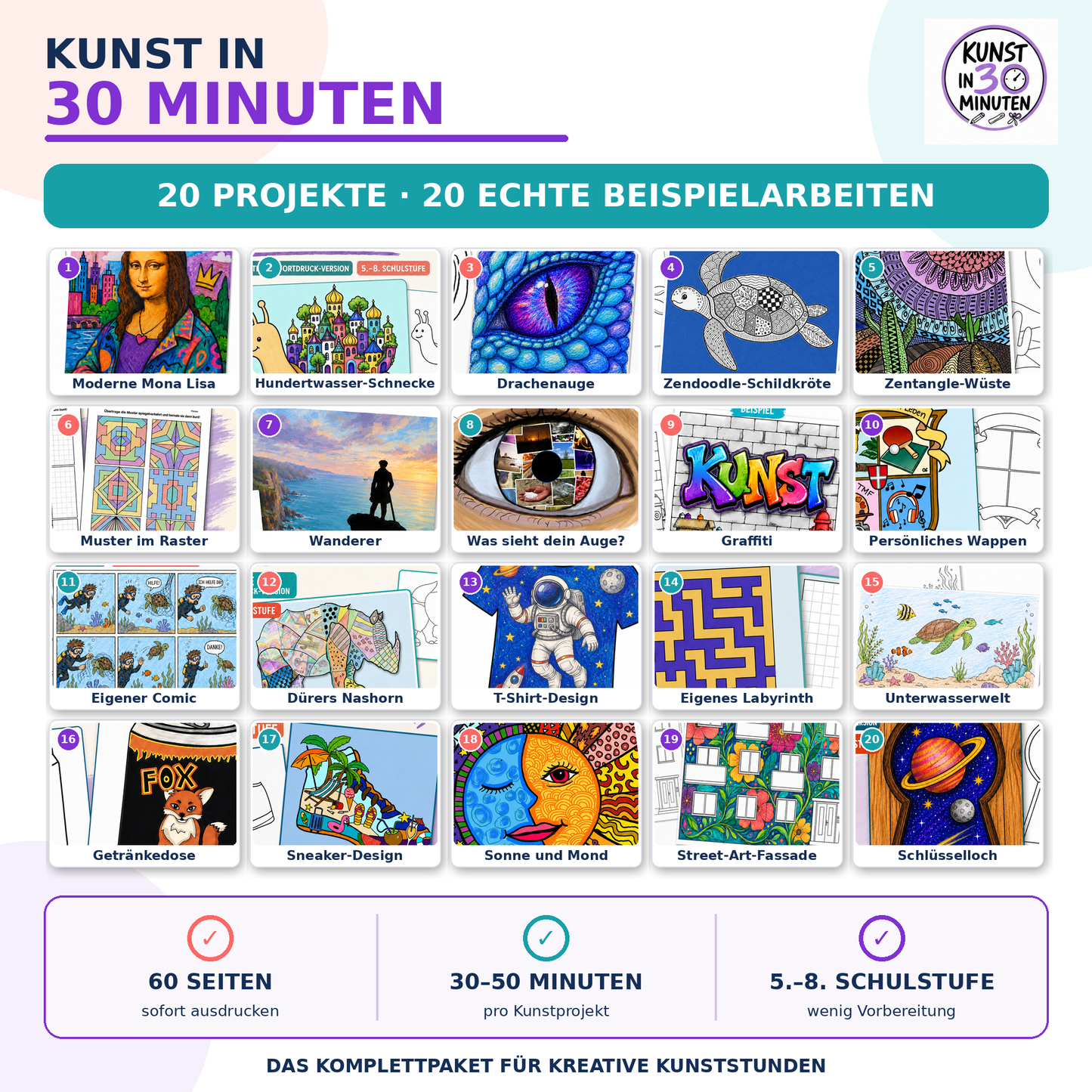 Kunst in 30 Minuten – Komplettpaket mit 20 schnellen Kunstprojekten