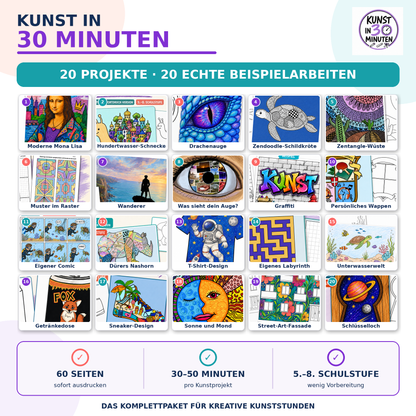 Kunst in 30 Minuten – Komplettpaket mit 20 schnellen Kunstprojekten