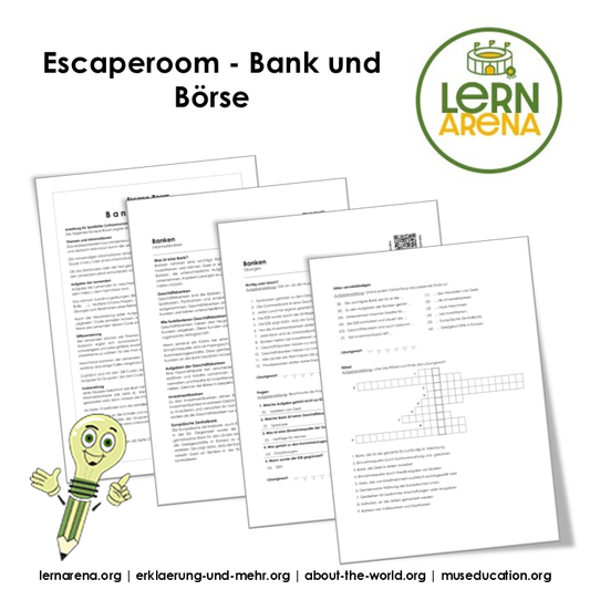 Escape Room Bank und Börse (PDF) mit Infotexten, Aufgaben, QR Codes und Lösungen | 32 Seiten – Titelbild