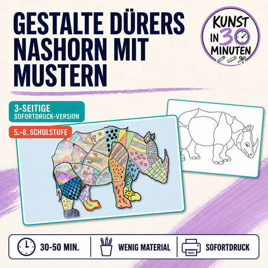 Dürers Nashorn mit Mustern – Kunst in 30 Minuten | 3-seitige Sofortdruck-PDF