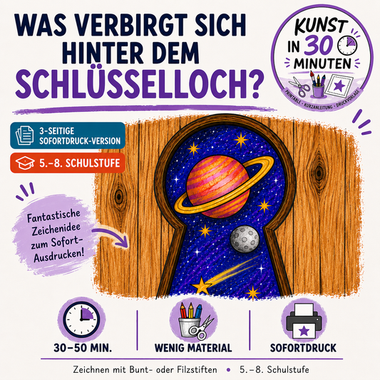 Was verbirgt sich hinter dem Schlüsselloch? – Kunst in 30 Minuten | 3-seitige Sofortdruck-Version