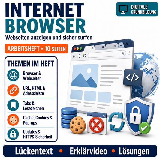 Internetbrowser Arbeitsheft, 10 Seiten, mit Lösungen und QR-Code zum Erklärvideo