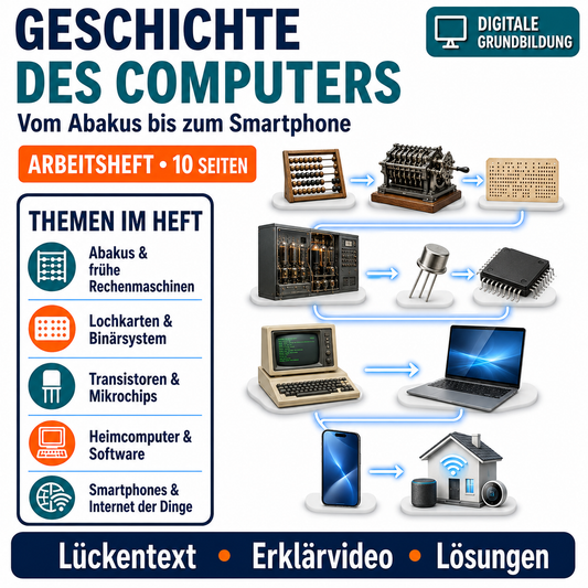 Geschichte des Computers Arbeitsheft, 10 Seiten, mit Lösungen und QR-Code zum Erklärvideo
