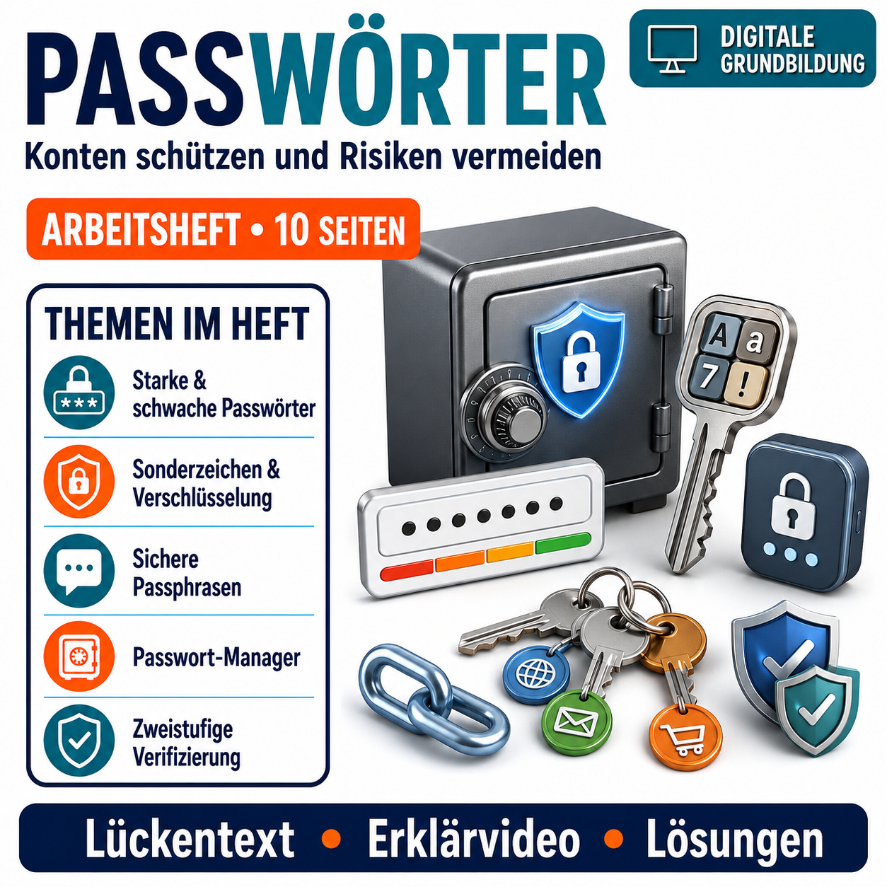 Passwörter Arbeitsheft, 10 Seiten, mit Lösungen und QR-Code zum Erklärvideo