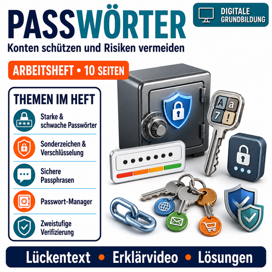 Passwörter Arbeitsheft, 10 Seiten, mit Lösungen und QR-Code zum Erklärvideo