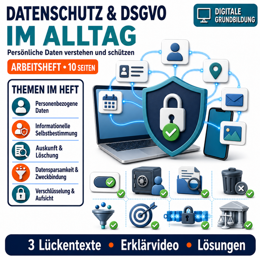Datenschutz und DSGVO im Alltag Arbeitsheft (10 Seiten) | Videoarbeit + Übungen | inkl. Lösungen | PDF