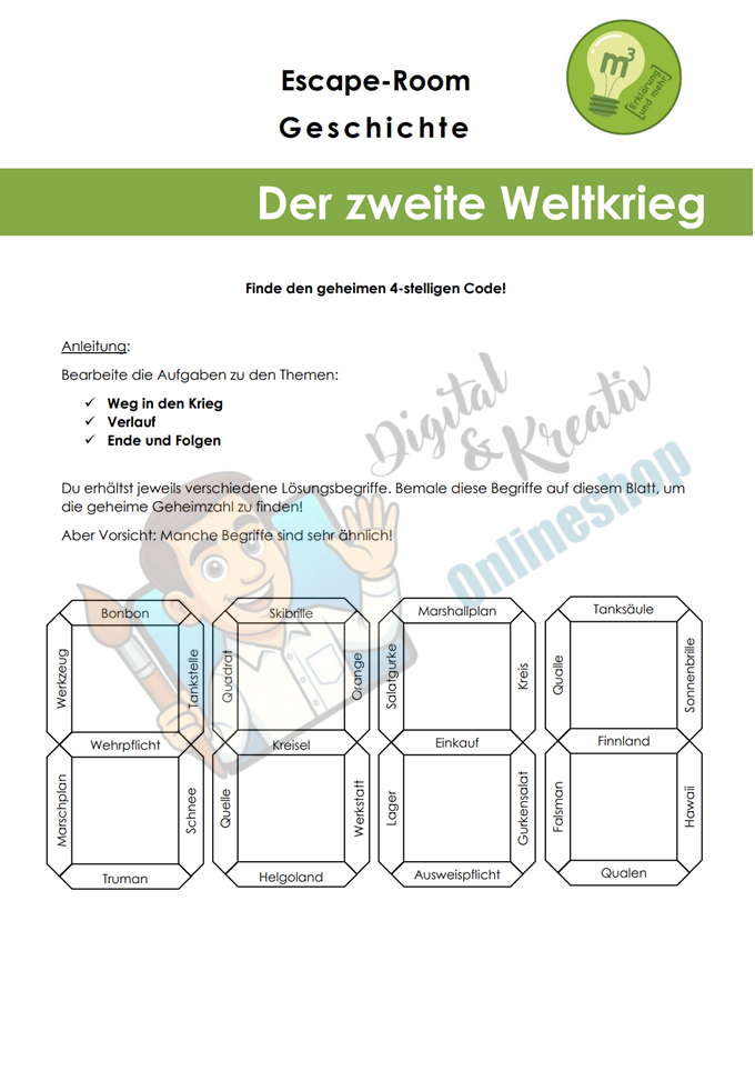 Escape Room: Der Zweite Weltkrieg Arbeitsheft (21 Seiten) | Rätsel + Übungen | inkl. Lösungen | PDF
