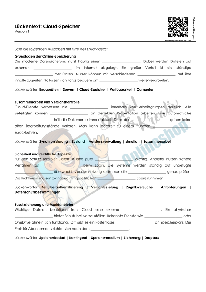 Cloud-Speicher einfach erklärt – Arbeitsheft mit Erklärvideo, Übungen und Lösungen | 10 Seiten PDF