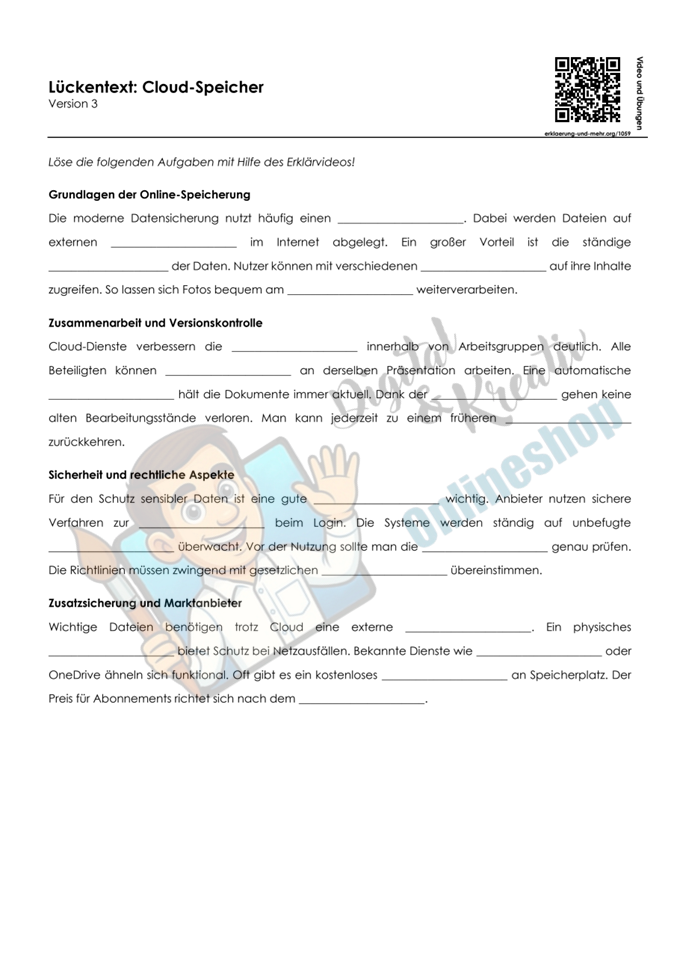 Cloud-Speicher einfach erklärt – Arbeitsheft mit Erklärvideo, Übungen und Lösungen | 10 Seiten PDF