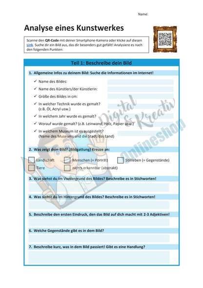Analyse eines Kunstwerkes Arbeitsblatt PDF für den Kunstunterricht in der Sekundarstufe I