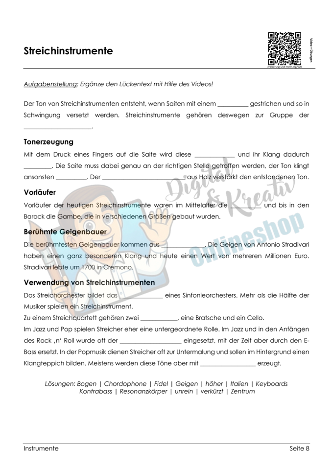 Streichinstrumente & Geige – kostenloses Arbeitsblattpaket | 2 Seiten mit Video und Übungen