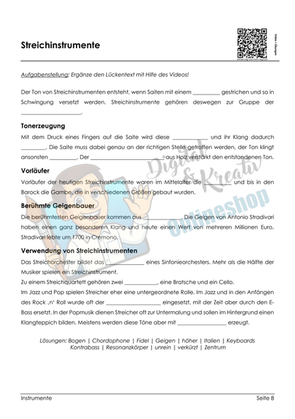 Streichinstrumente & Geige – kostenloses Arbeitsblattpaket | 2 Seiten mit Video und Übungen