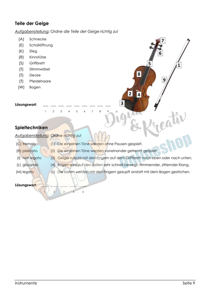 Streichinstrumente & Geige – kostenloses Arbeitsblattpaket | 2 Seiten mit Video und Übungen