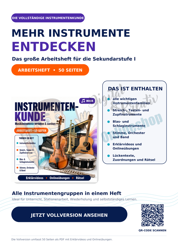 Streichinstrumente & Geige – kostenloses Arbeitsblattpaket | 2 Seiten mit Video und Übungen