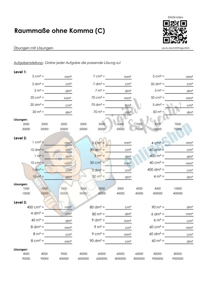 Raummaße mit Komma (mm³, cm³, dm³, m³) | Arbeitsheft (177 Seiten inkl. Lösungen)