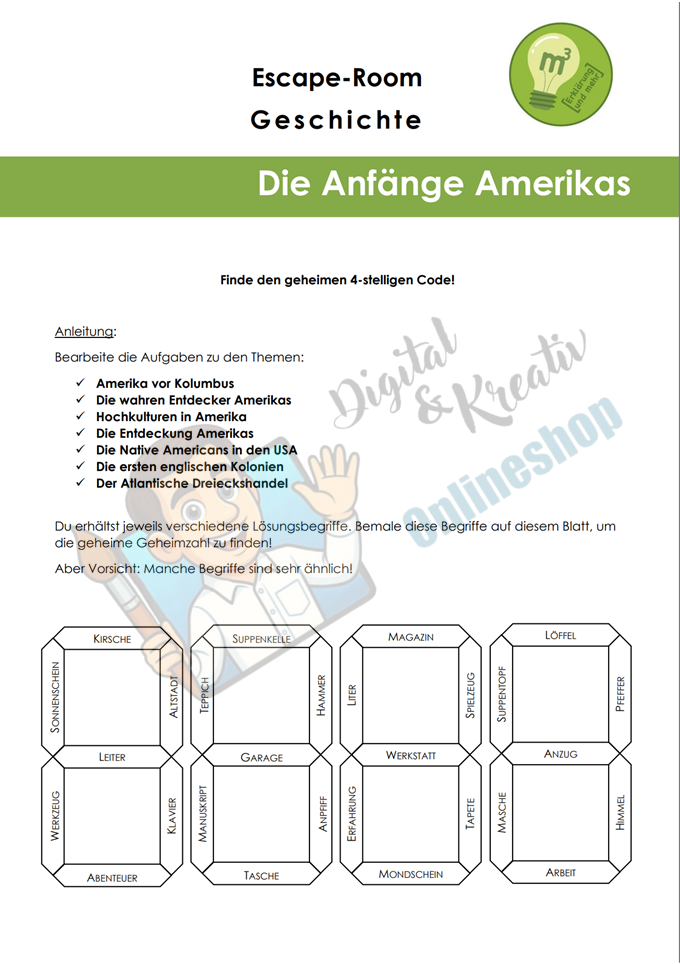 Escape Room: Die Anfänge Amerikas Arbeitsheft (28 Seiten) | Kolumbus, Maya, Azteken & Kolonien | inkl. Lösungen | PDF