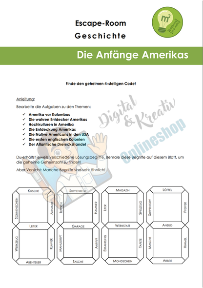 Escape Room: Die Anfänge Amerikas Arbeitsheft (28 Seiten) | Kolumbus, Maya, Azteken & Kolonien | inkl. Lösungen | PDF